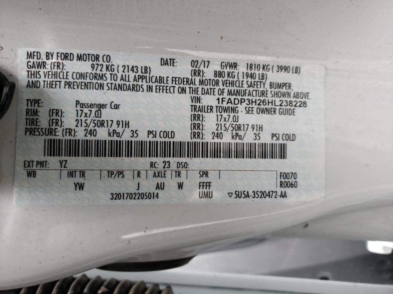 Photo 10 from auction – 2017 FORD FOCUS SEL with VIN 1FADP3H26HL238228