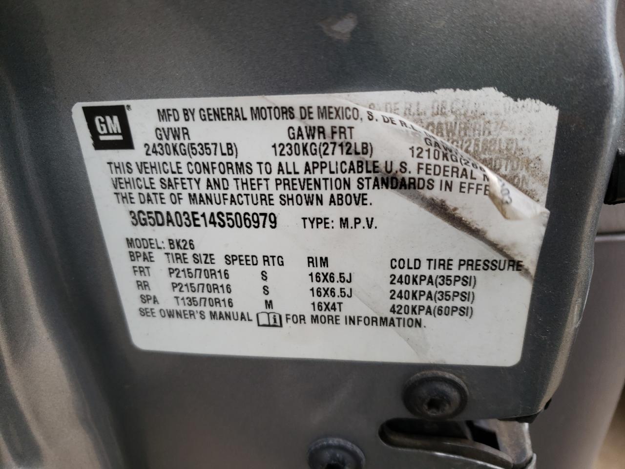 Photo 10 from auction – 2004 BUICK RENDEZVOUS with VIN 3G5DA03E14S506979