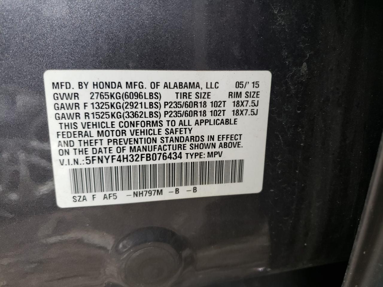 Photo 10 from auction – 2015 HONDA PILOT SE with VIN 5FNYF4H32FB076434