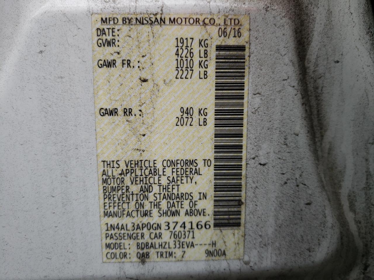 Photo 10 from auction – 2016 NISSAN ALTIMA 2.5 with VIN 1N4AL3AP0GN374166
