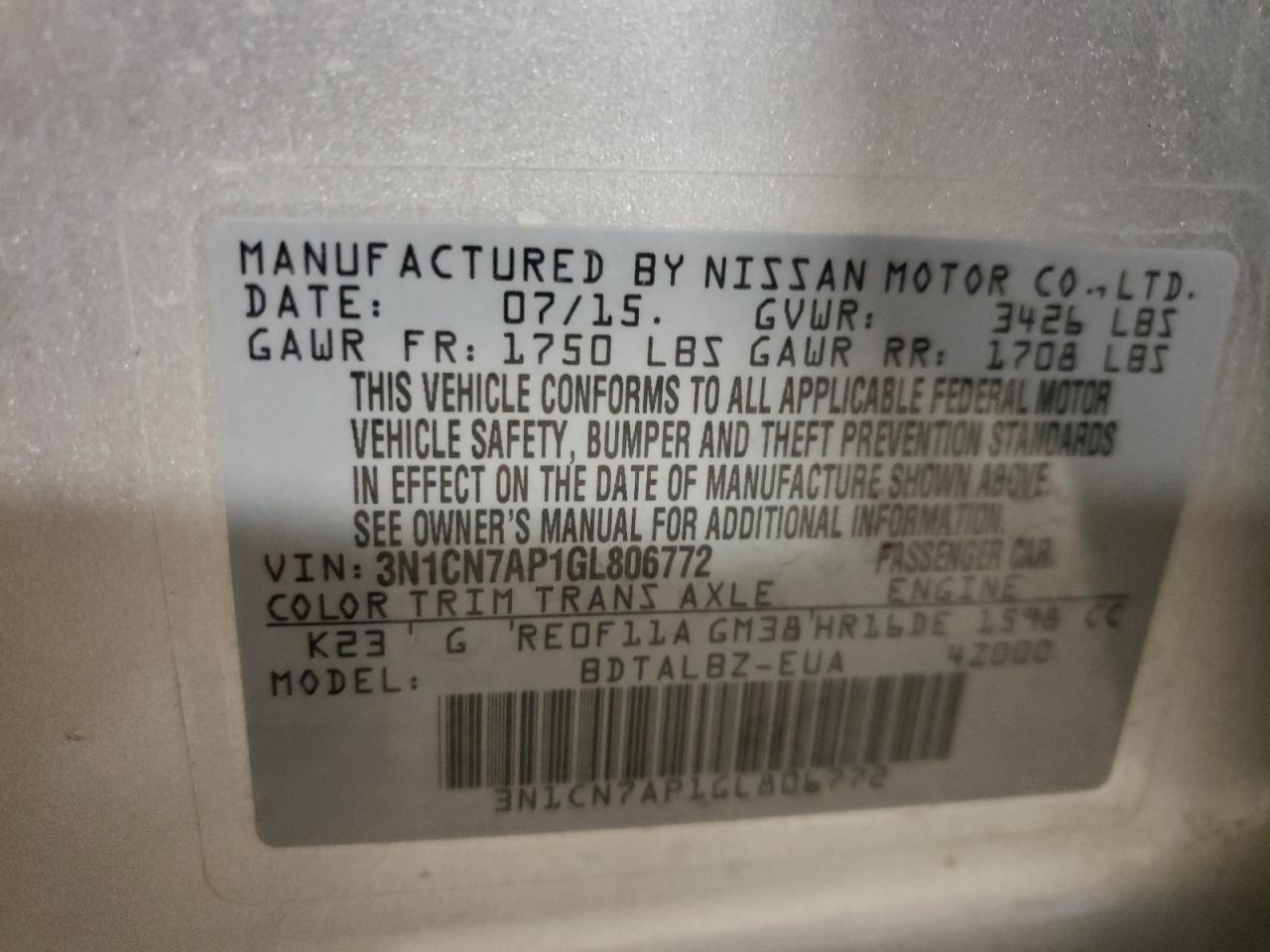 Photo 10 from auction – 2016 NISSAN VERSA S with VIN 3N1CN7AP1GL806772