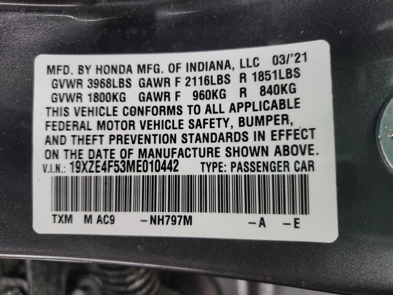 Photo 10 from auction – 2021 HONDA INSIGHT EX with VIN 19XZE4F53ME010442