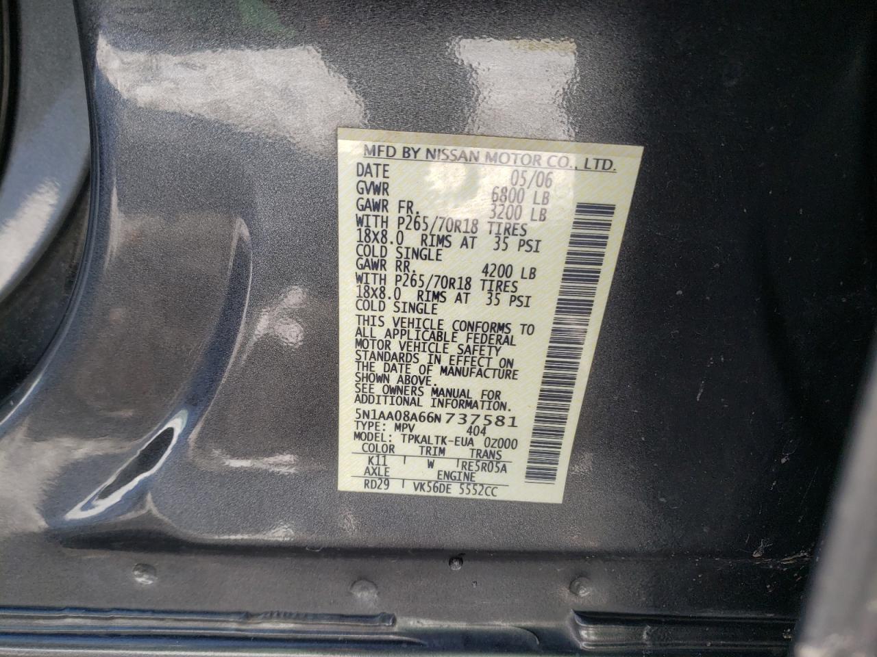 Photo 10 from auction – 2006 NISSAN ARMADA SE with VIN 5N1AA08A66N737581
