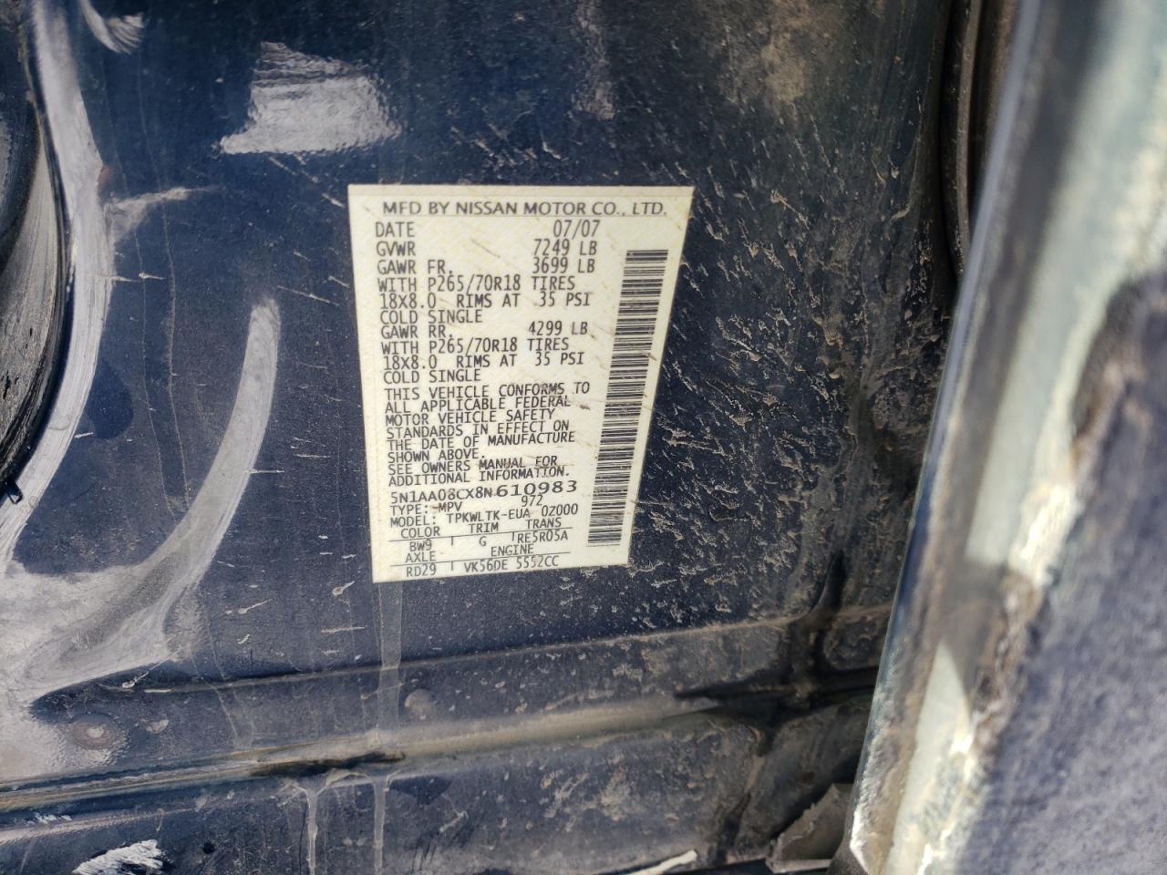 Photo 10 from auction – 2008 NISSAN ARMADA SE with VIN 5N1AA08CX8N610983