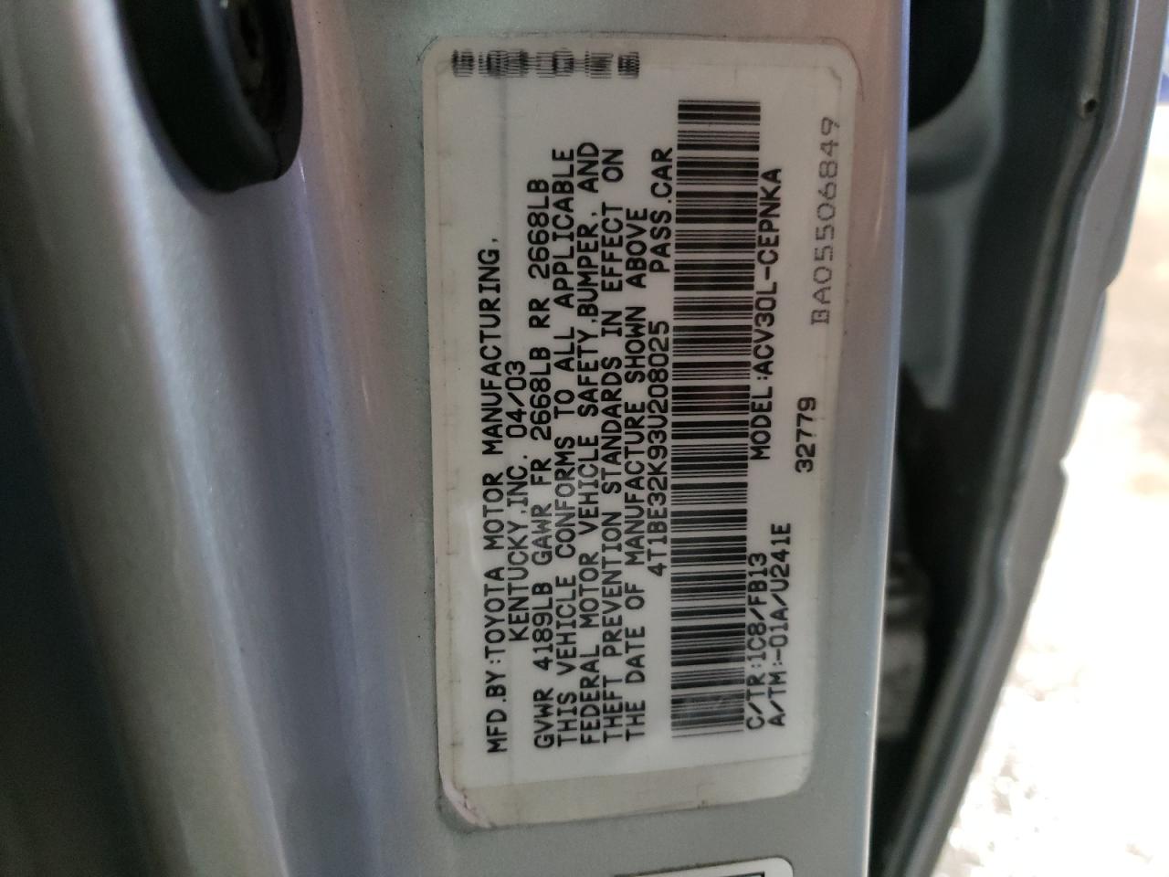 Photo 10 from auction – 2003 TOYOTA CAMRY LE with VIN 4T1BE32K93U208025