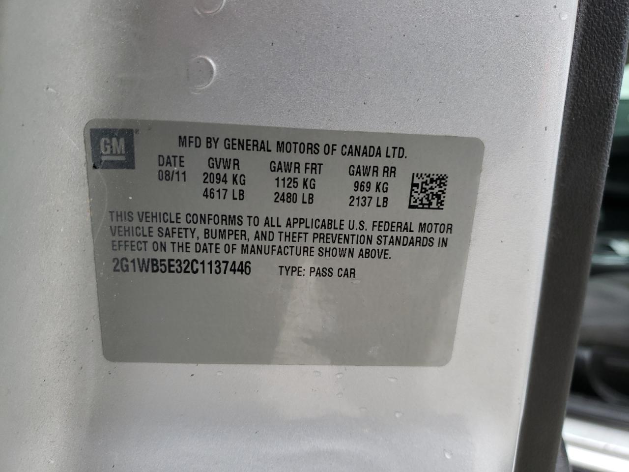 Photo 10 from auction – 2012 CHEVROLET IMPALA LT with VIN 2G1WB5E32C1137446