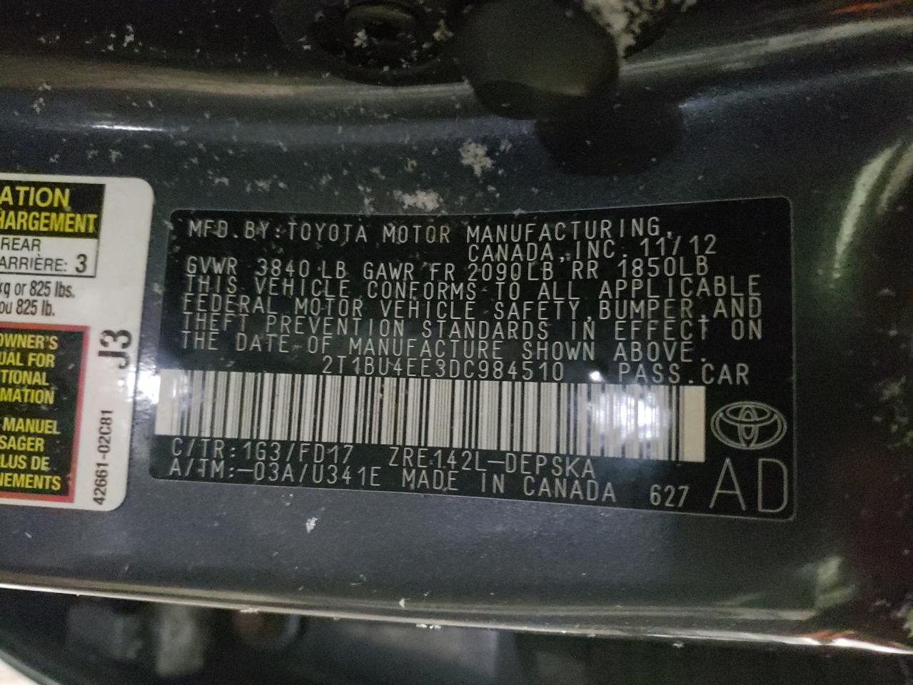 Фото 10 с аукциона – 2013 TOYOTA COROLLA BA с VIN 2T1BU4EE3DC984510