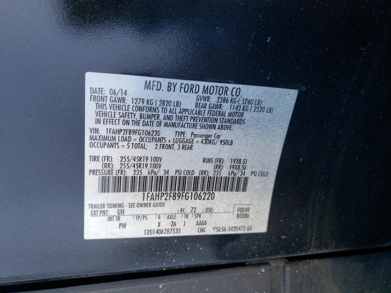Photo 10 from auction – 2015 FORD TAURUS LIM with VIN 1FAHP2F89FG106220