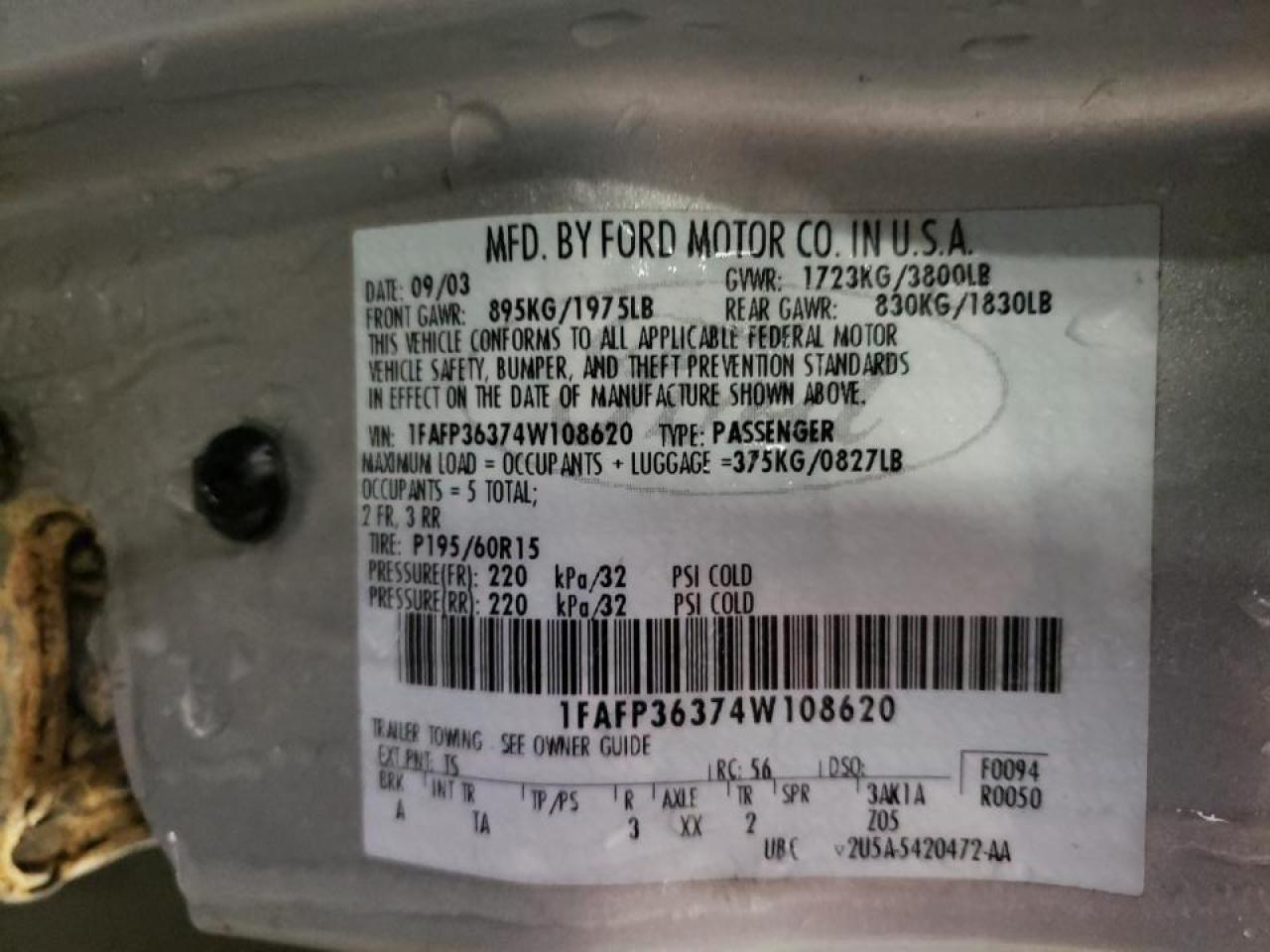 Photo 10 from auction – 2004 FORD FOCUS SE with VIN 1FAFP36374W108620
