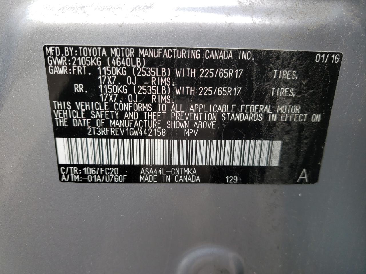 Photo 10 from auction – 2016 TOYOTA RAV4 XLE with VIN 2T3RFREV1GW442158