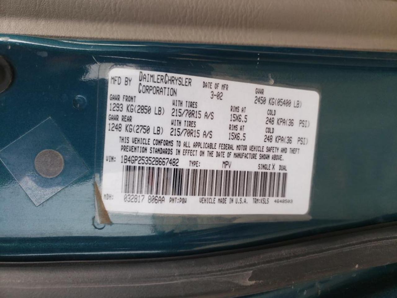 Photo 10 from auction – 2002 DODGE CARAVAN SE with VIN 1B4GP25352B667482