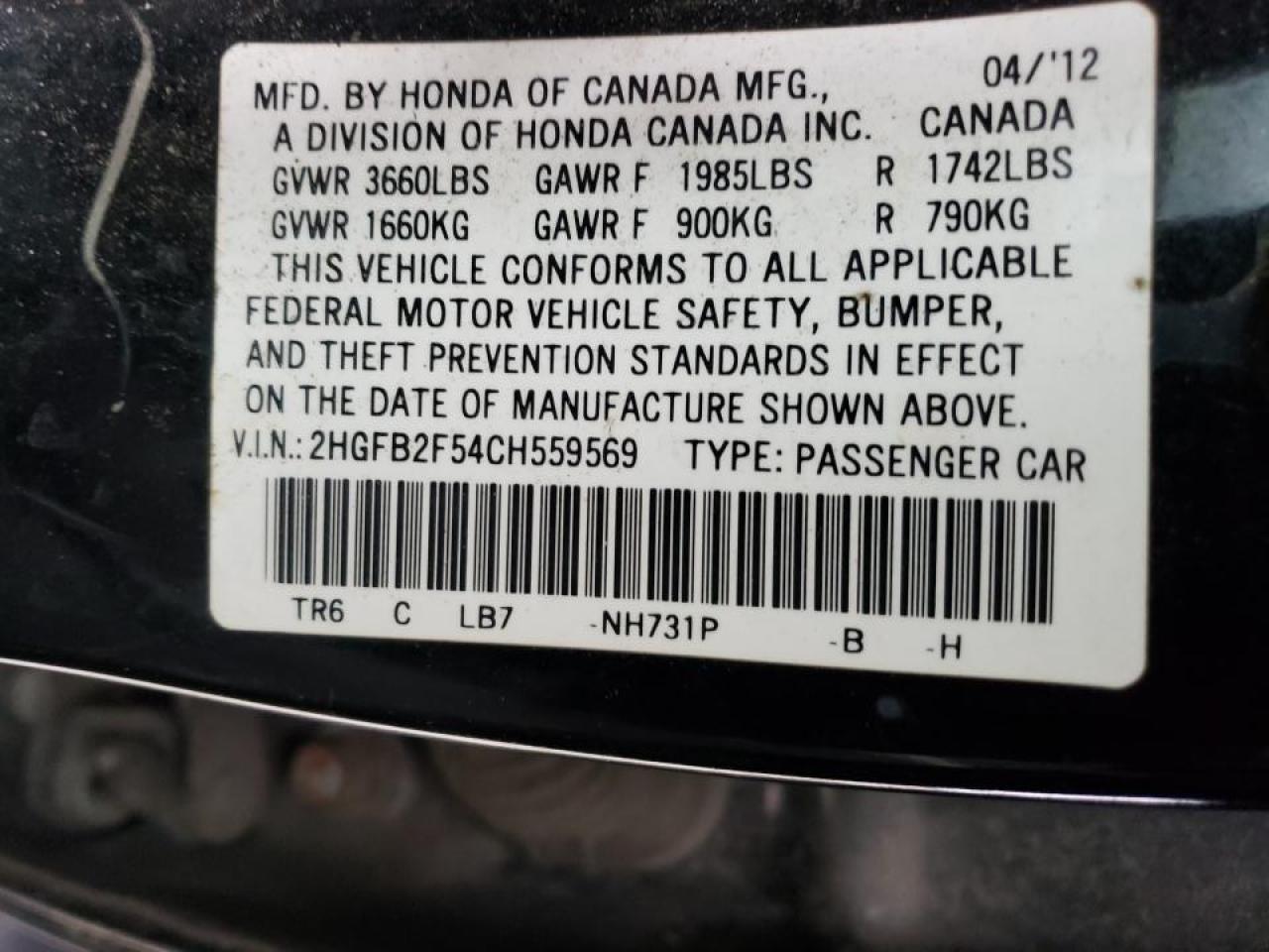 Photo 10 from auction – 2012 HONDA CIVIC LX with VIN 2HGFB2F54CH559569