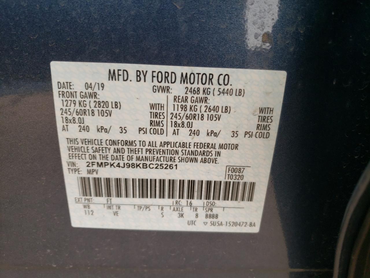 Photo 10 from auction – 2019 FORD EDGE SEL with VIN 2FMPK4J98KBC25261