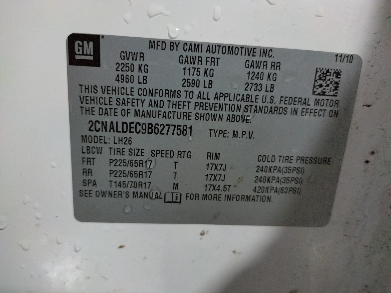 Photo 10 from auction – 2011 CHEVROLET EQUINOX LT with VIN 2CNALDEC9B6277581