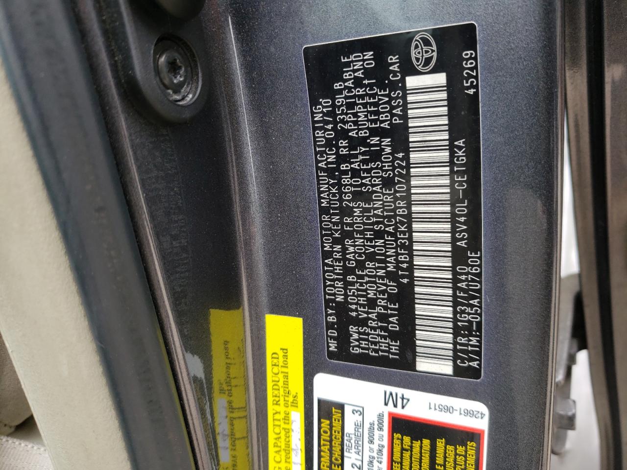 Photo 10 from auction – 2011 TOYOTA CAMRY BASE with VIN 4T4BF3EK7BR107224