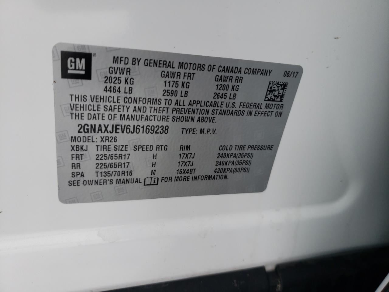 Photo 10 from auction – 2018 CHEVROLET EQUINOX LT with VIN 2GNAXJEV6J6169238