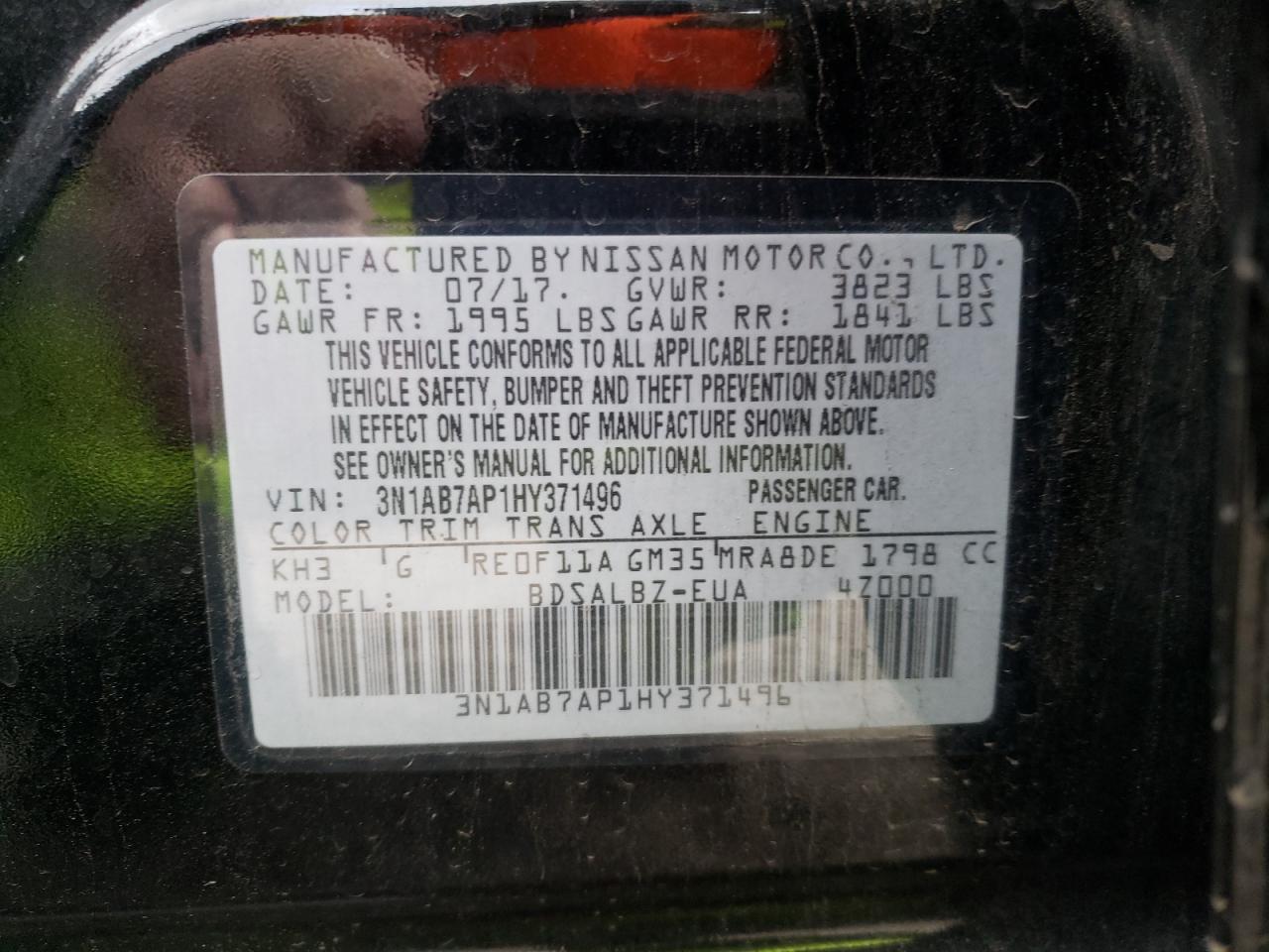 Photo 10 from auction – 2017 NISSAN SENTRA S with VIN 3N1AB7AP1HY371496