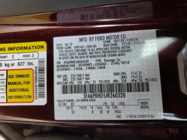Photo 10 from auction – 2018 FORD FUSION SE with VIN 3FA6P0HD5JR260320