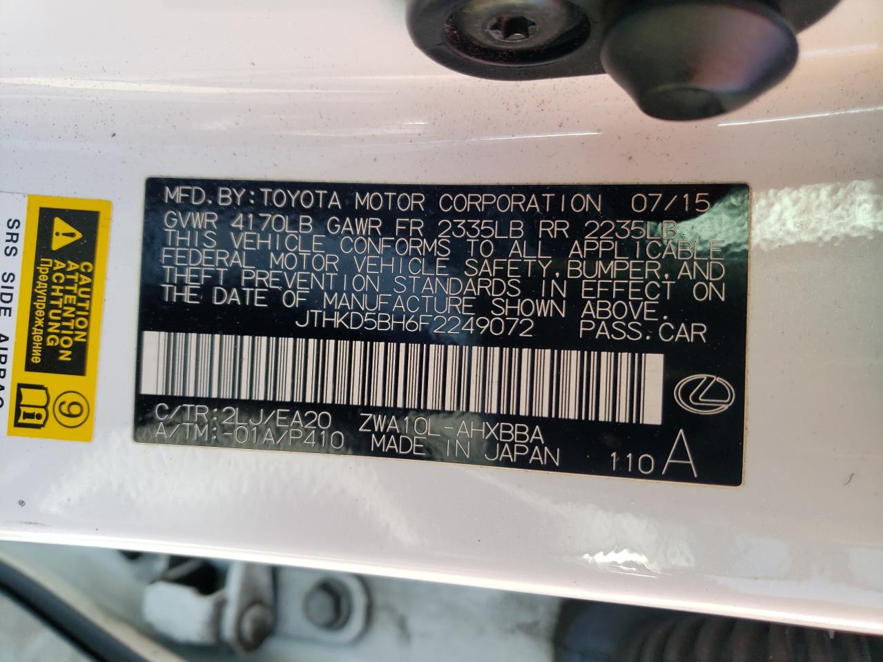 Photo 10 from auction – 2015 LEXUS CT 200 with VIN JTHKD5BH6F2249072