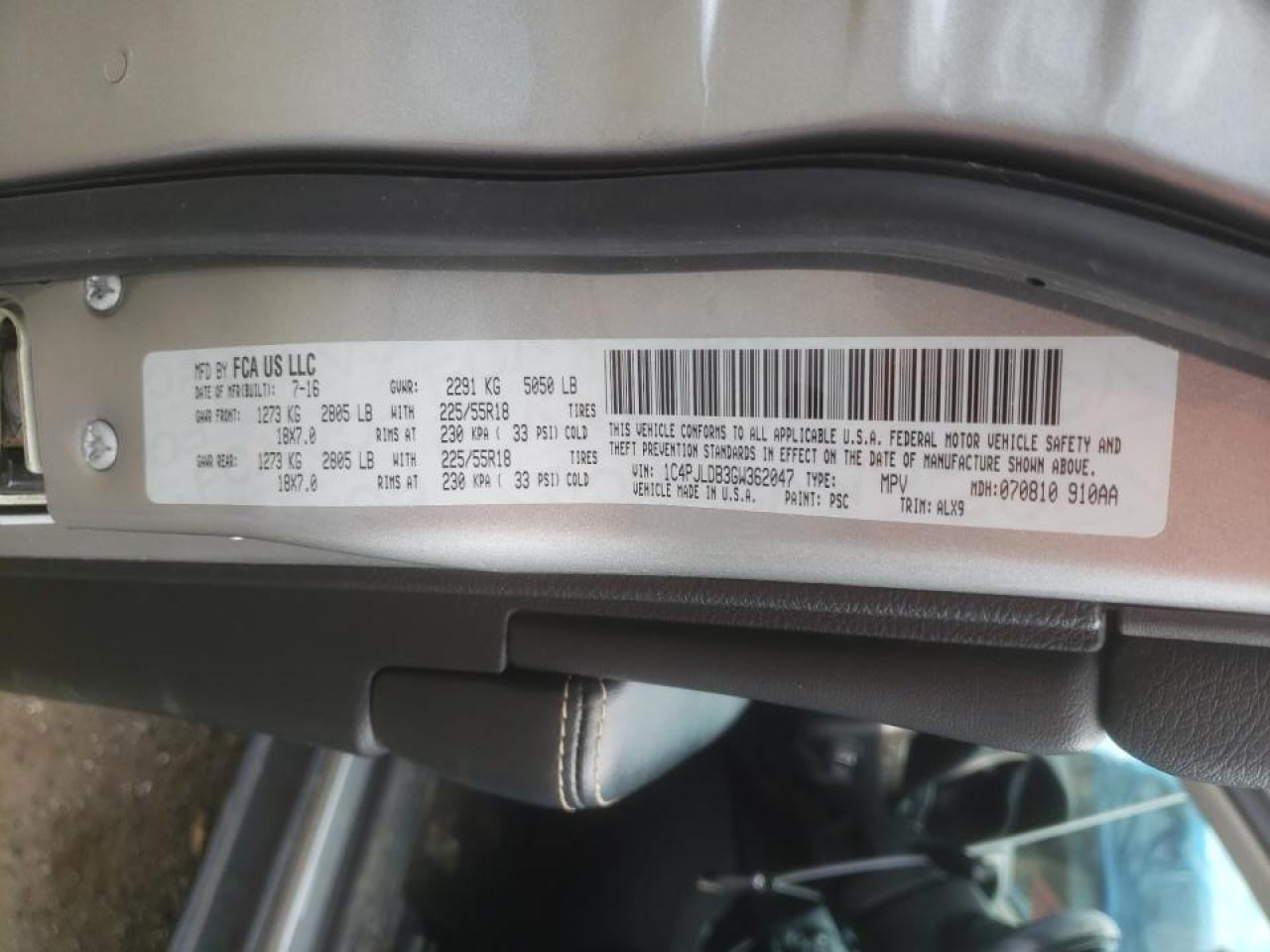 Photo 10 from auction – 2016 JEEP CHEROKEE L with VIN 1C4PJLDB3GW362047
