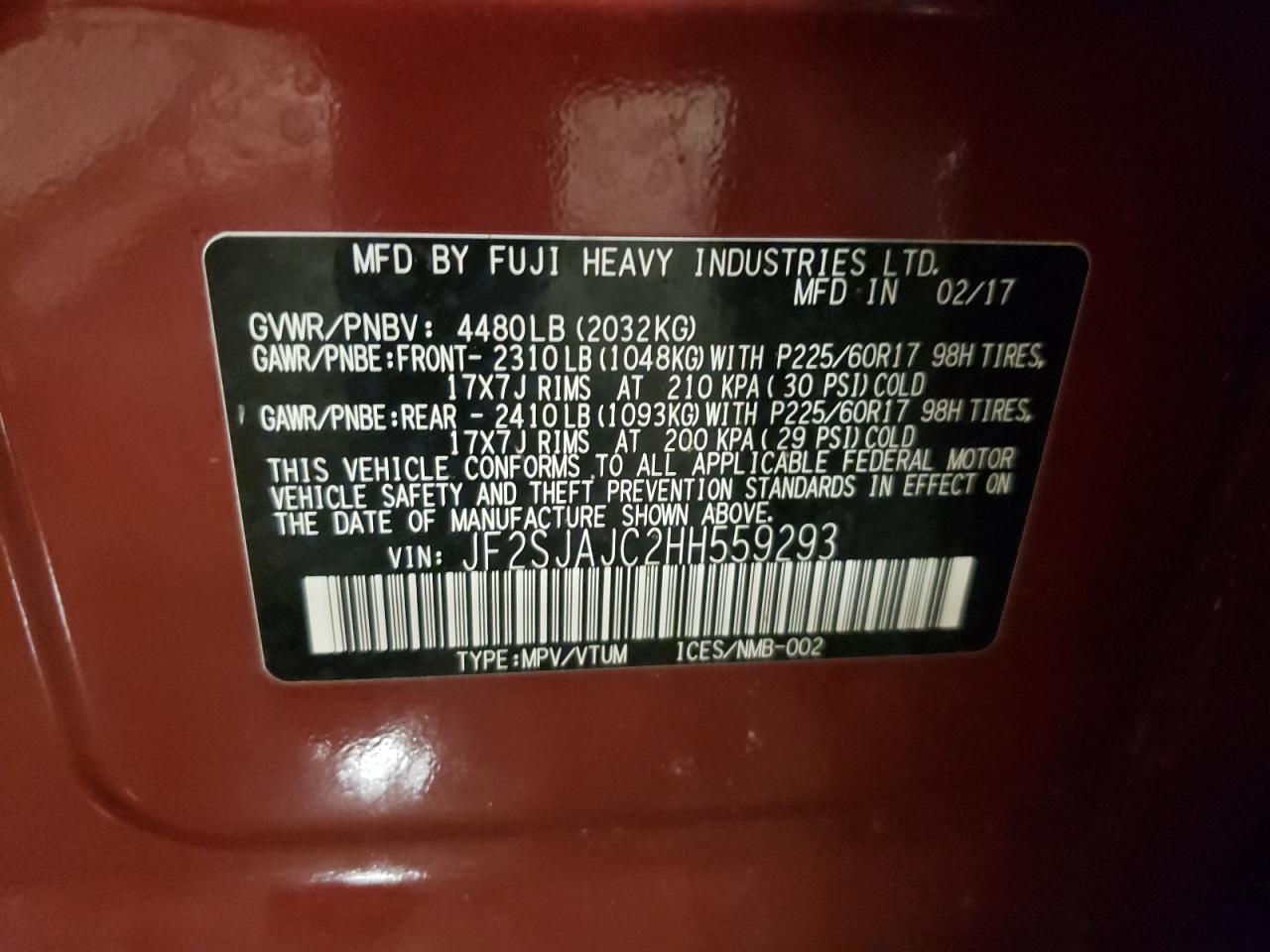 Photo 10 from auction – 2017 SUBARU FORESTER 2 with VIN JF2SJAJC2HH559293