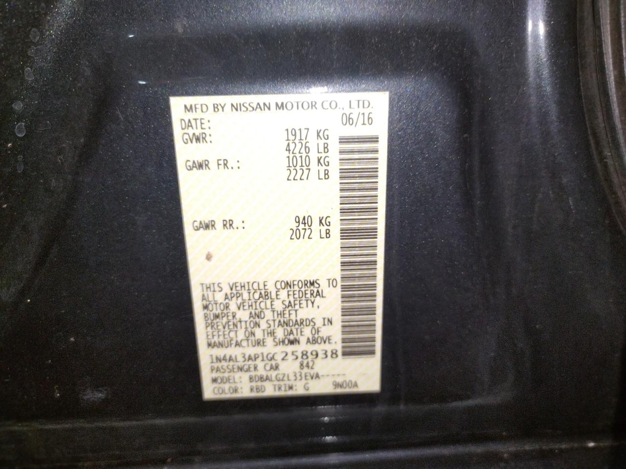 Photo 10 from auction – 2016 NISSAN ALTIMA 2.5 with VIN 1N4AL3AP1GC258938