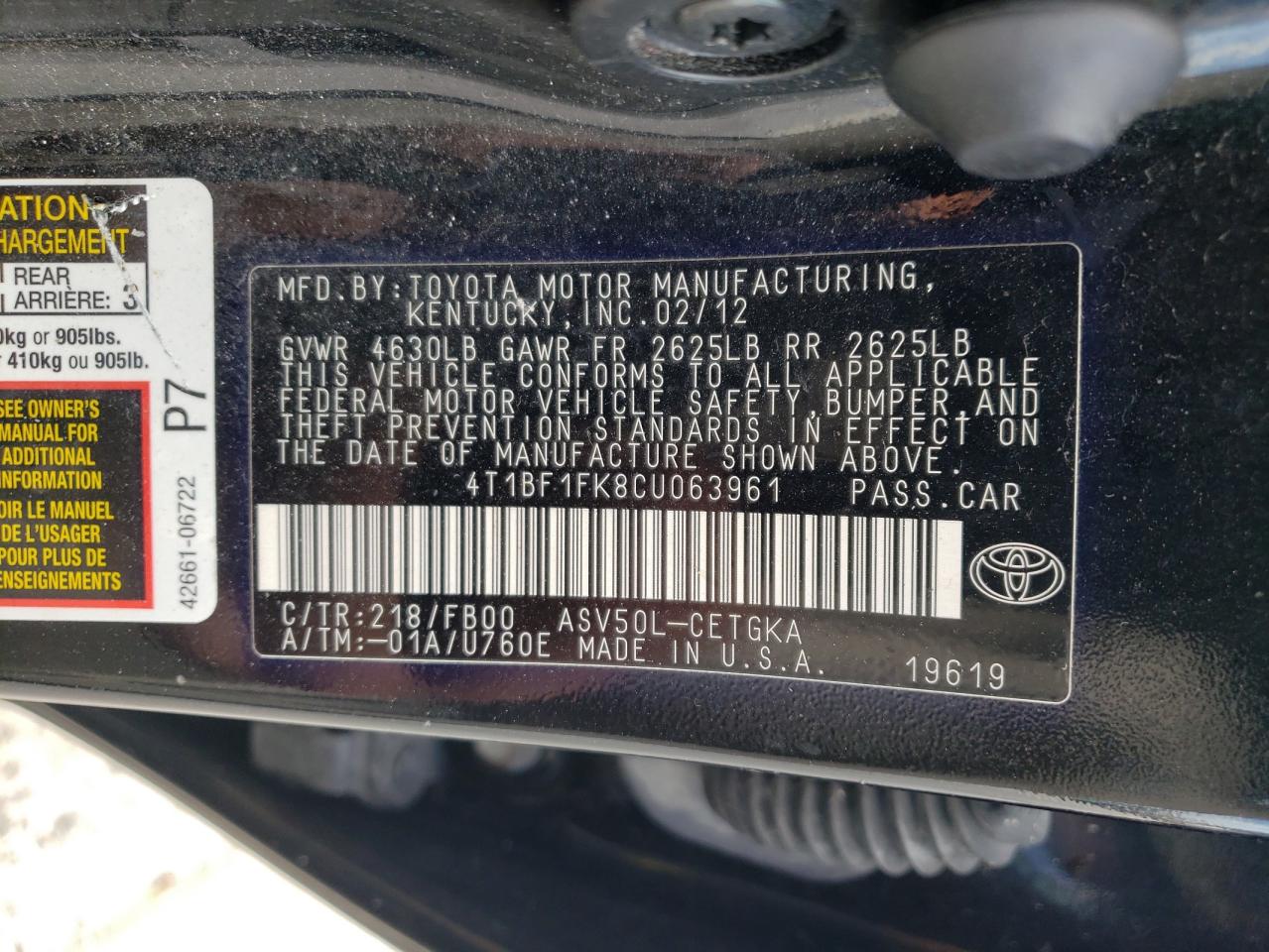 Photo 10 from auction – 2012 TOYOTA CAMRY BASE with VIN 4T1BF1FK8CU063961