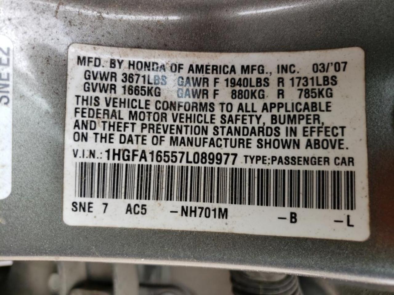 Photo 10 from auction – 2007 HONDA CIVIC LX with VIN 1HGFA16557L089977