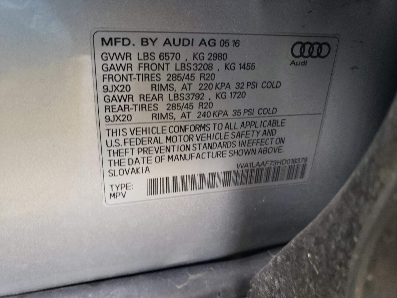 Photo 10 from auction – 2017 AUDI Q7 PREMIUM with VIN WA1LAAF73HD018379