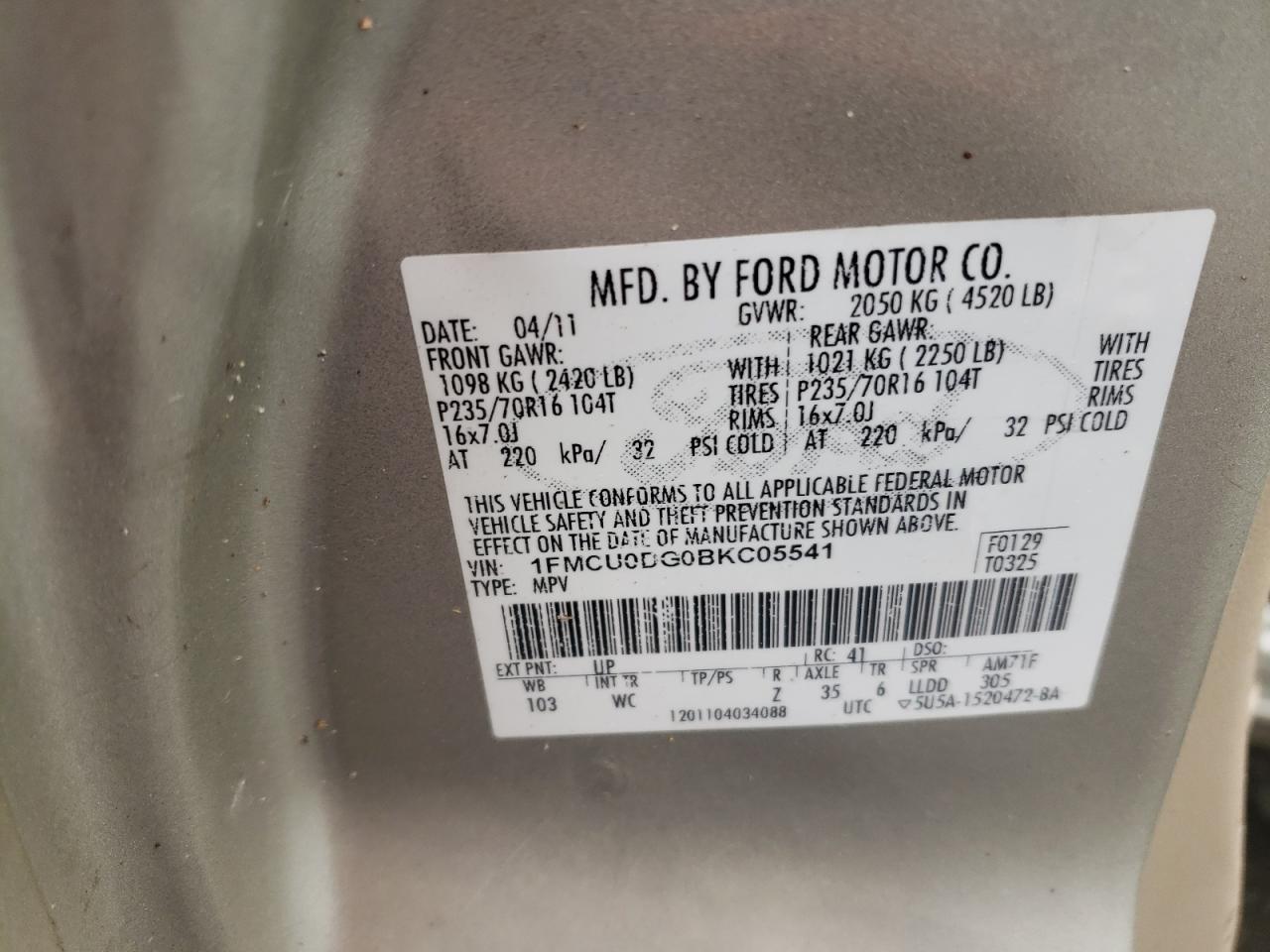 Photo 10 from auction – 2011 FORD ESCAPE XLT with VIN 1FMCU0DG0BKC05541