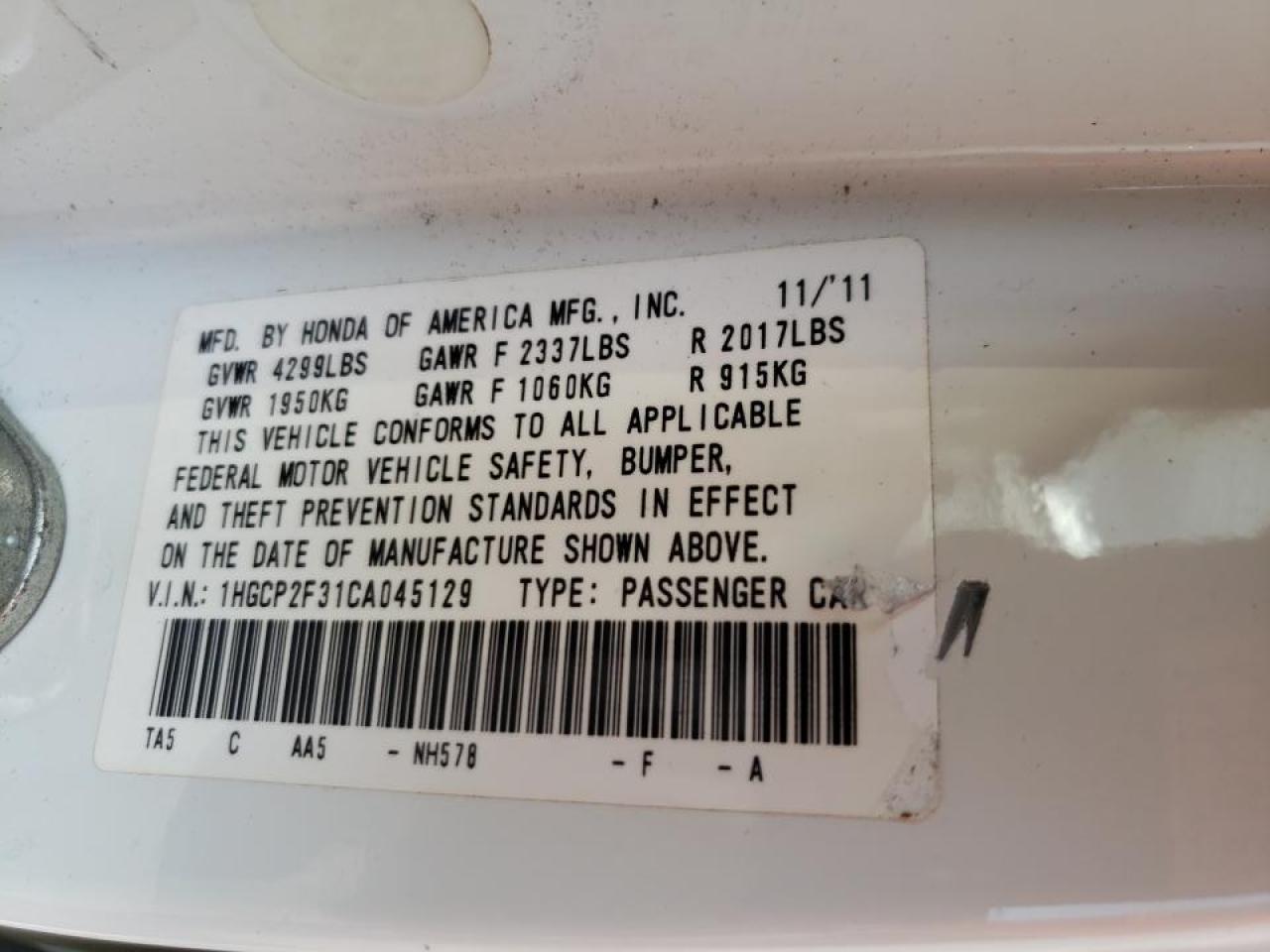 Photo 10 from auction – 2012 HONDA ACCORD LX with VIN 1HGCP2F31CA045129