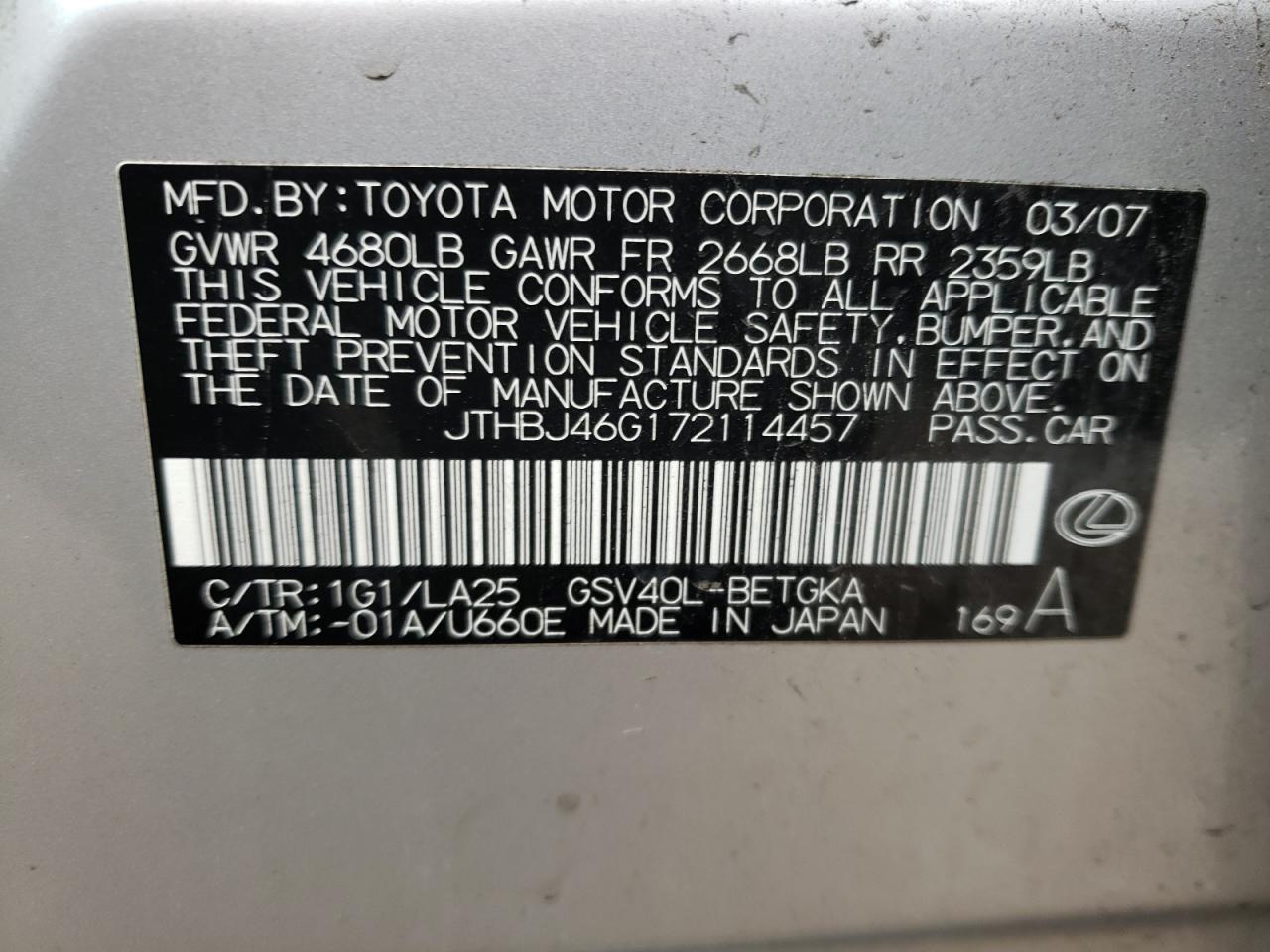 Photo 10 from auction – 2007 LEXUS ES 350 with VIN JTHBJ46G172114457