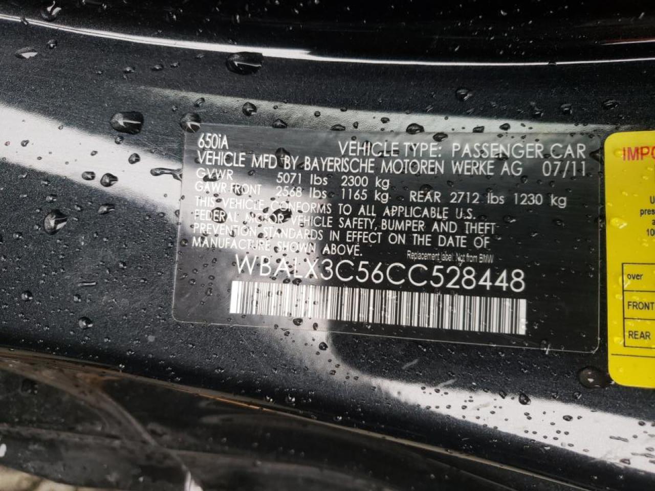 Photo 10 from auction – 2012 BMW 650 I with VIN WBALX3C56CC528448