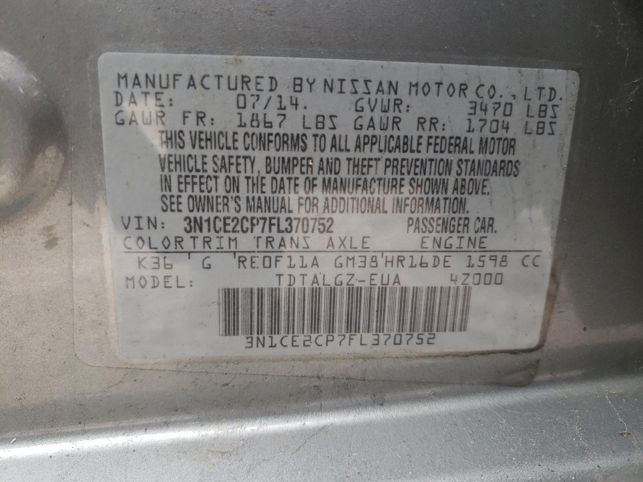 Photo 10 from auction – 2015 NISSAN VERSA NOTE with VIN 3N1CE2CP7FL370752