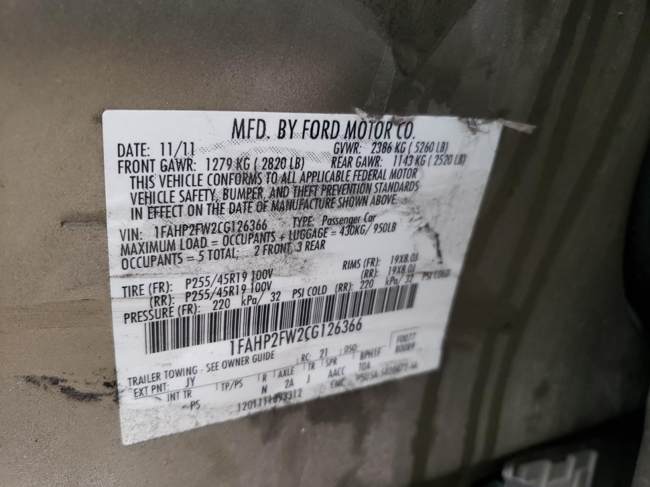 Photo 10 from auction – 2012 FORD TAURUS LIM with VIN 1FAHP2FW2CG126366