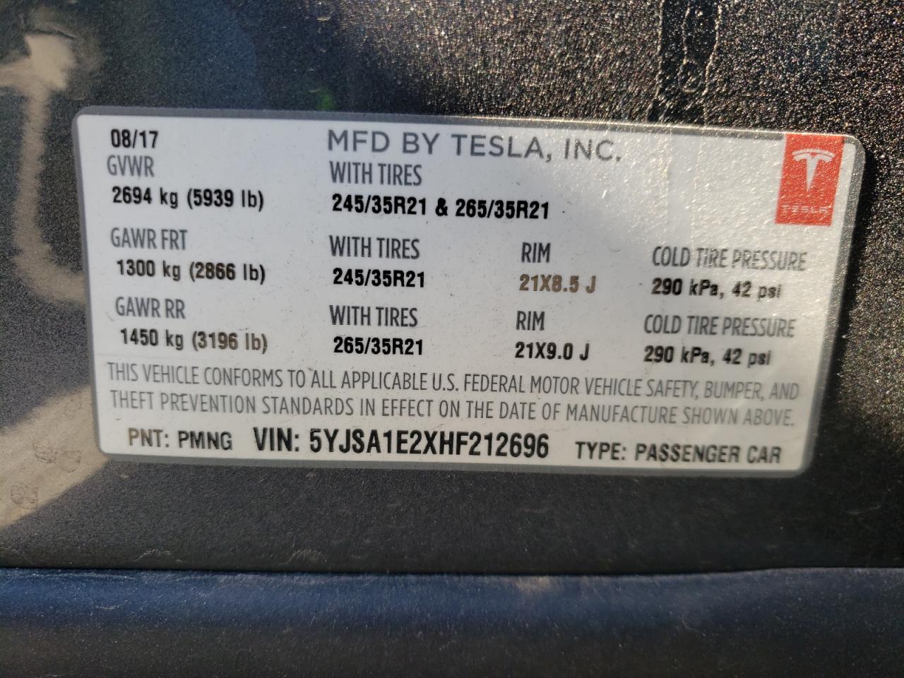 Photo 10 from auction – 2017 TESLA MODEL S with VIN 5YJSA1E2XHF212696