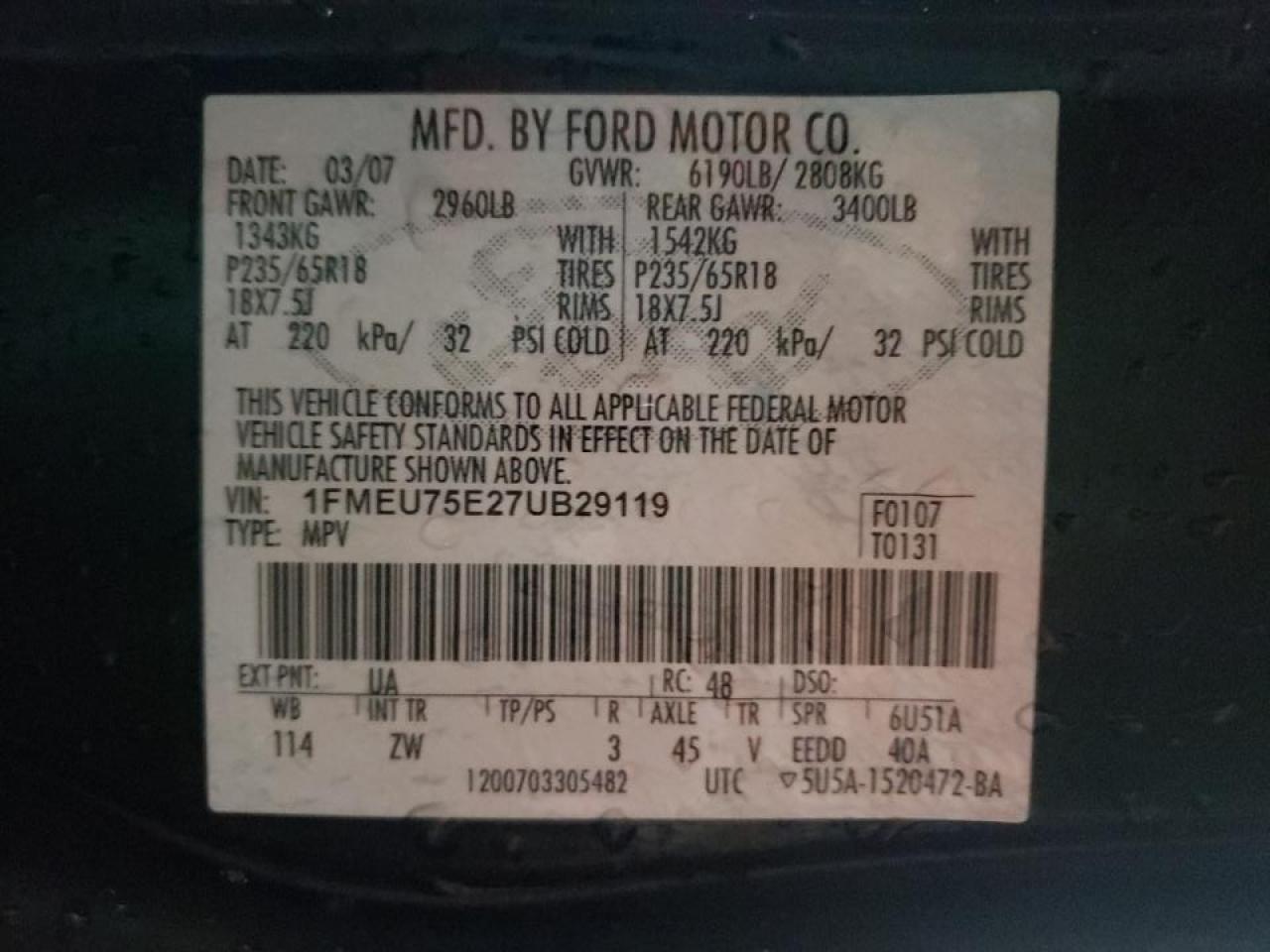 Photo 10 from auction – 2007 FORD EXPLORER L with VIN 1FMEU75E27UB29119