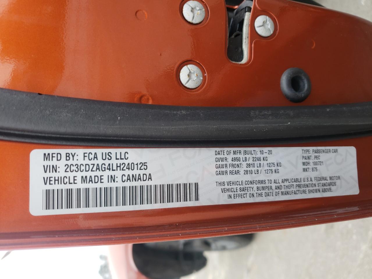 Photo 10 from auction – 2020 DODGE CHALLENGER with VIN 2C3CDZAG4LH240125