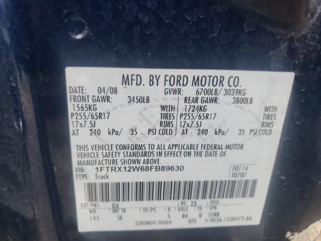 Photo 10 from auction – 2008 FORD F150 with VIN 1FTRX12W68FB89630