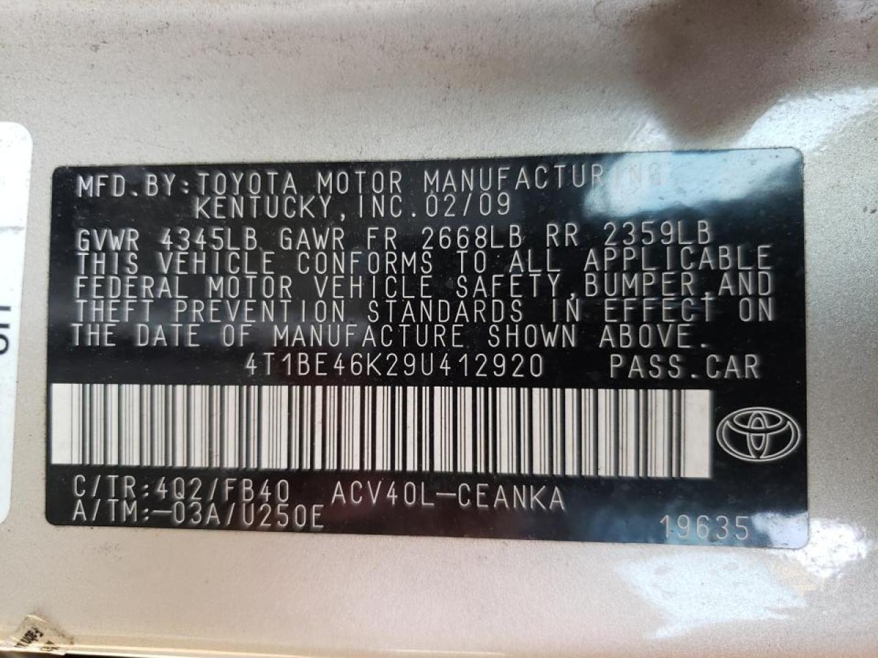 Photo 10 from auction – 2009 TOYOTA CAMRY BASE with VIN 4T1BE46K29U412920