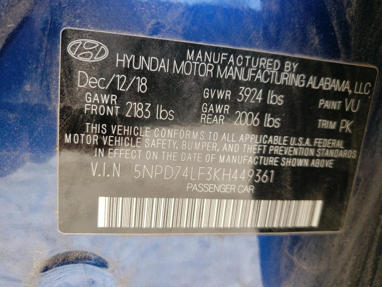 Photo 10 from auction – 2019 HYUNDAI ELANTRA SE with VIN 5NPD74LF3KH449361