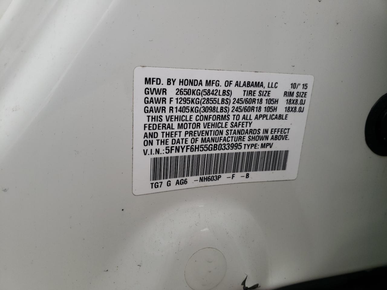 Photo 10 from auction – 2016 HONDA PILOT EXL with VIN 5FNYF6H55GB033995