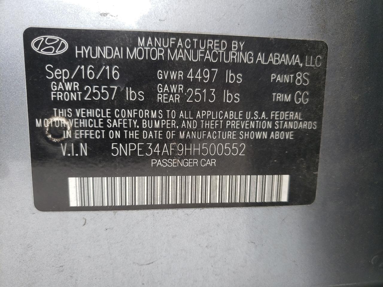 Photo 10 from auction – 2017 HYUNDAI SONATA SPO with VIN 5NPE34AF9HH500552