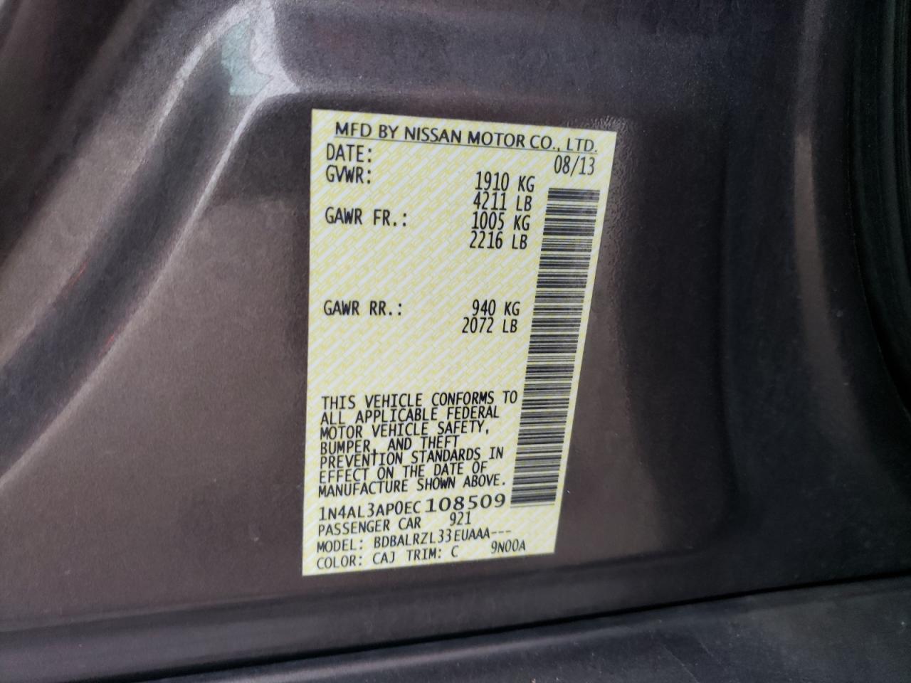 Photo 10 from auction – 2014 NISSAN ALTIMA 2.5 with VIN 1N4AL3AP0EC108509