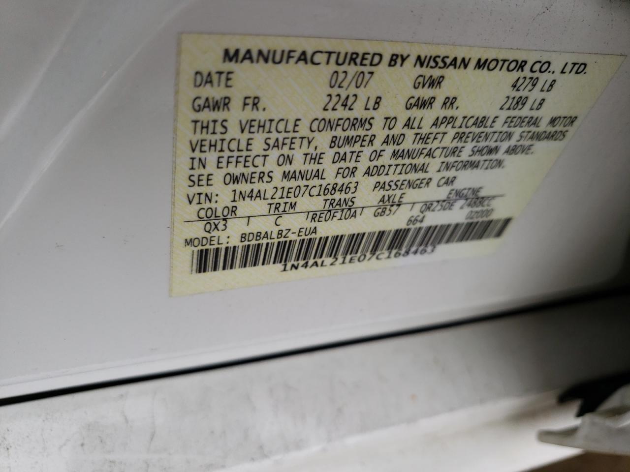 Photo 10 from auction – 2007 NISSAN ALTIMA 2.5 with VIN 1N4AL21E07C168463