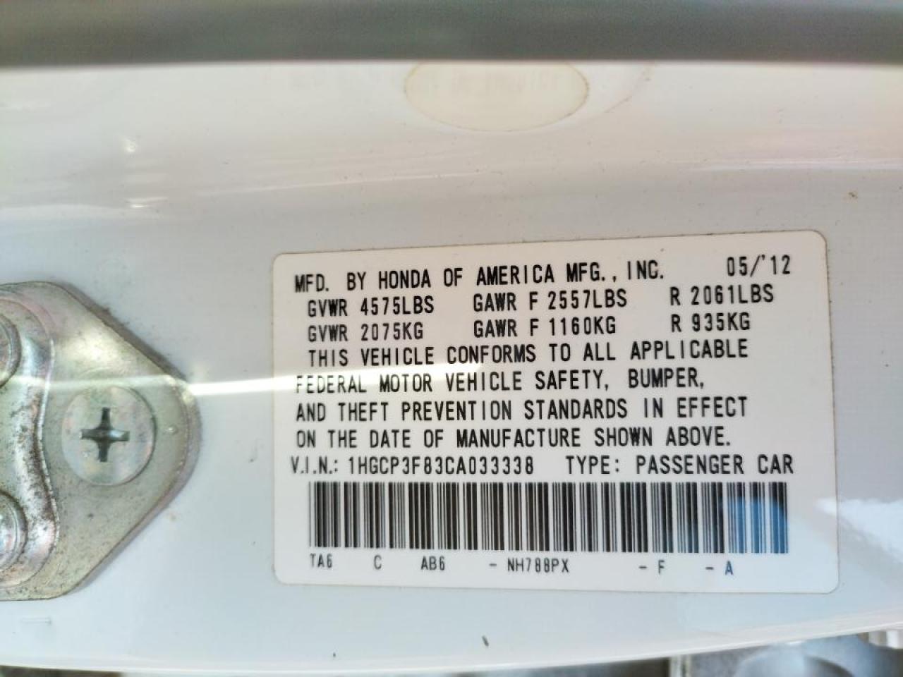 Photo 10 from auction – 2012 HONDA ACCORD EXL with VIN 1HGCP3F83CA033338
