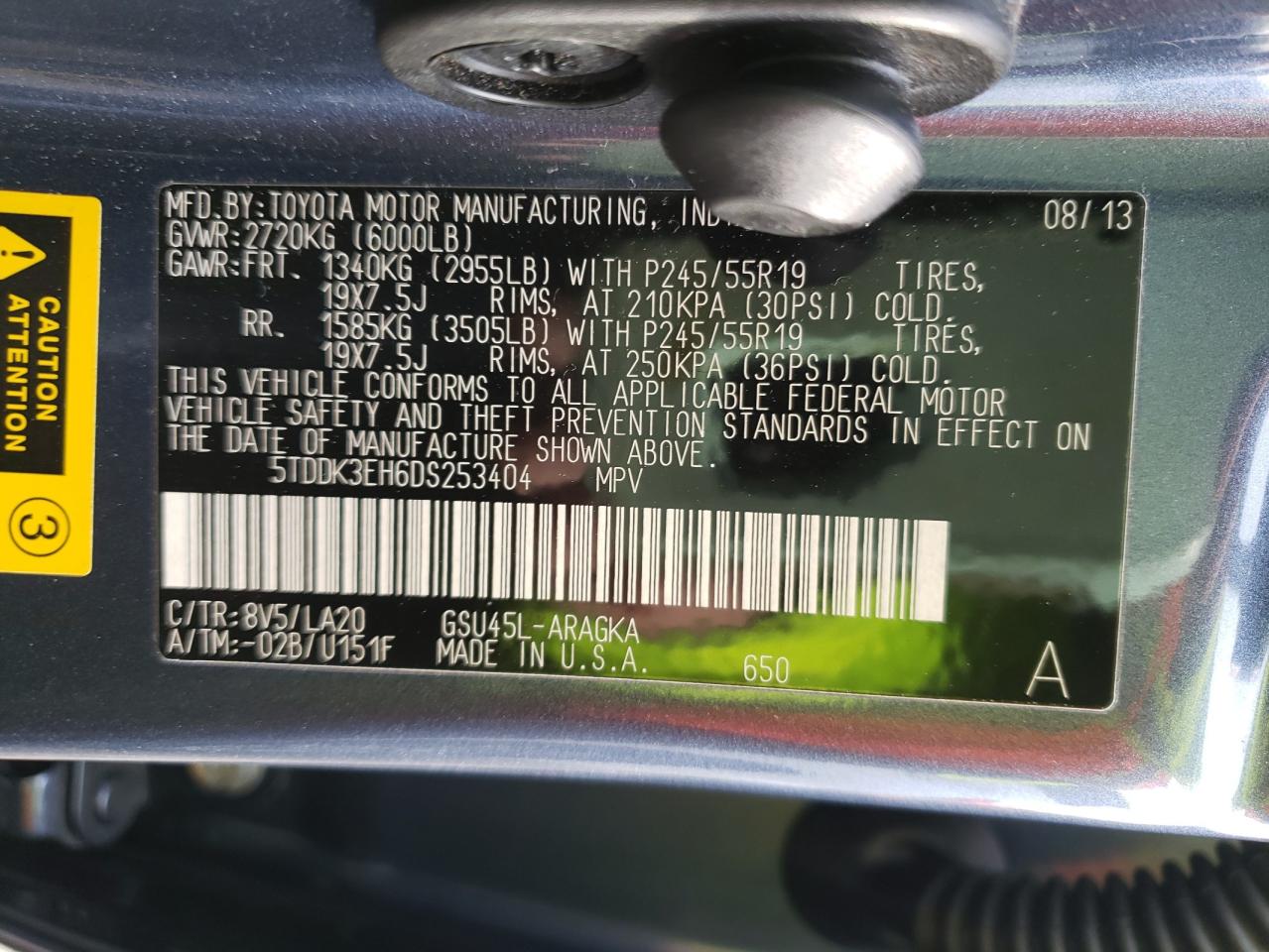 Photo 10 from auction – 2013 TOYOTA HIGHLANDER with VIN 5TDDK3EH6DS253404