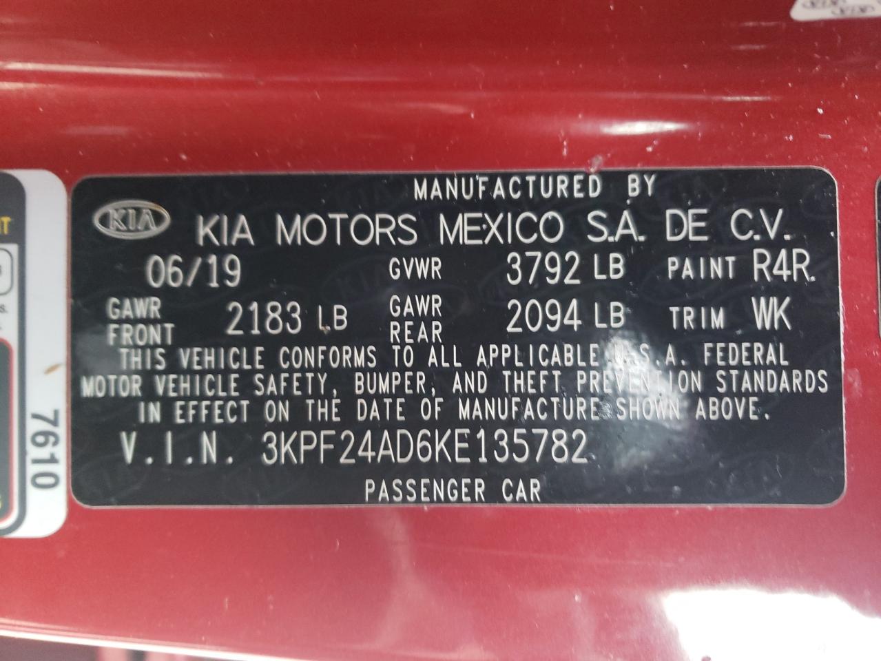 Photo 10 from auction – 2019 KIA FORTE FE with VIN 3KPF24AD6KE135782
