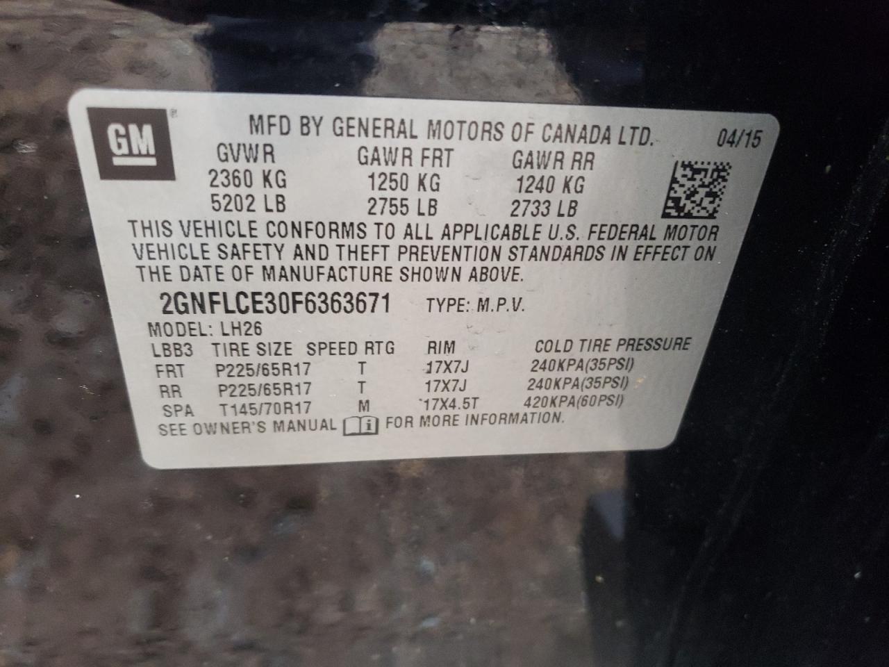 Photo 10 from auction – 2015 CHEVROLET EQUINOX LT with VIN 2GNFLCE30F6363671