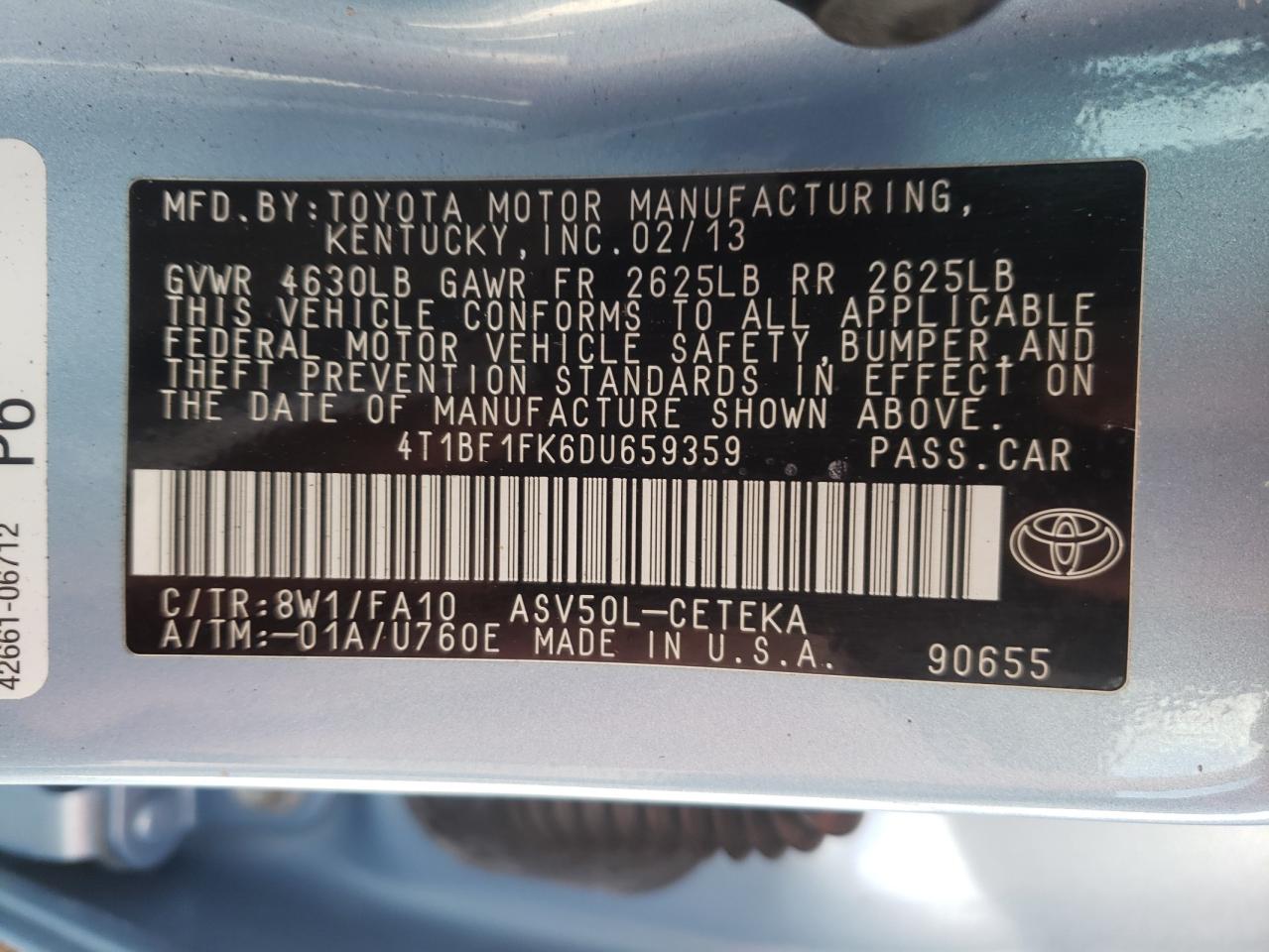 Photo 10 from auction – 2013 TOYOTA CAMRY L with VIN 4T1BF1FK6DU659359